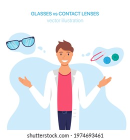 Glasses Vs Contact Lenses. Ophthalmologist Offer A Choice To Vision Correction. Vector Illustration. 