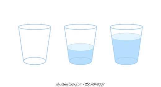 Copos de água com medida diferente cheio, meio cheio, conjunto de vidro vazio. Diferentes níveis de água. Ilustração vetorial