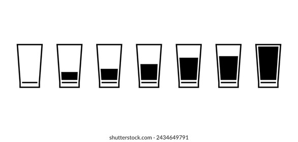 Vasos de agua con diferente medida, conjunto de iconos. Señales simples de diferentes niveles de agua. Vaso lleno, medio lleno, vacío. Ilustración de vector