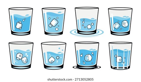 Vasos de agua con cubitos de hielo en varios estados
