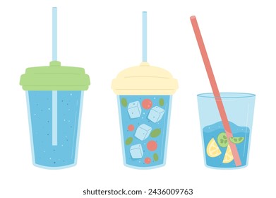 Glasses of water and and soft drinks set isolated on white background. Fresh clean and aroma beverages with sparkling, fruit and berry herbal and cucumber. Stay hydrated. Vector flat illustration.