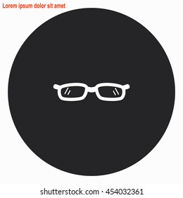 Glasses web icon. Gray circle button with white illustration.