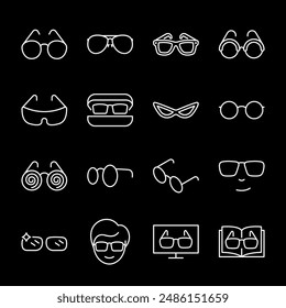 Glasses, white line icons. Eyewear for reading, accessories, and sunglasses in various styles. Ideal for fashion and health visuals. Symbols on black background. Editable stroke.