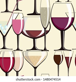 glasses of wine and alcoholic beverages in vintage style Seamless background or wrapping paper. Colorful wallpaper, good for printing