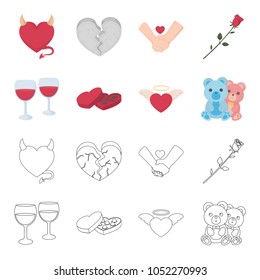 Glasses with wine, chocolate hearts, bears, valentine.Romantik set collection icons in cartoon,outline style vector symbol stock illustration web.