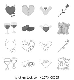 Glasses with wine, chocolate hearts, bears, valentine.Romantik set collection icons in outline,monochrome style vector symbol stock illustration web.