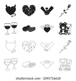 Glasses with wine, chocolate hearts, bears, valentine.Romantik set collection icons in black,outline style vector symbol stock illustration web.