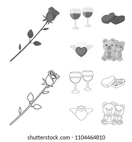 Glasses with wine, chocolate hearts, bears, valentine.Romantik set collection icons in outline,monochrome style vector symbol stock illustration web.