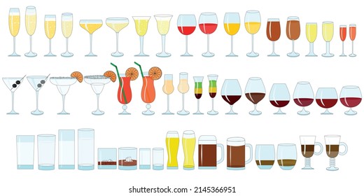 Glasses for wine color illustration, champagne, whiskey, cognac. Types of glasses for alcoholic and non-alcoholic drinks.