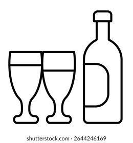 Vasos de bebida de vino y botella icono de línea delgada, concepto de bodega. Gráficos de Vector. Botella de bebida de vino y signo de par de vasos sobre fondo blanco, estilo o diseño móvil