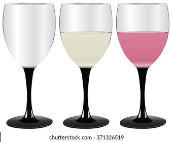 Glasses of wine, empty, filled with white and pink drinks.