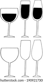 glasses with wine and empty set icon, sticker. sketch hand drawn doodle style. minimalism, monochrome. drinks, bar