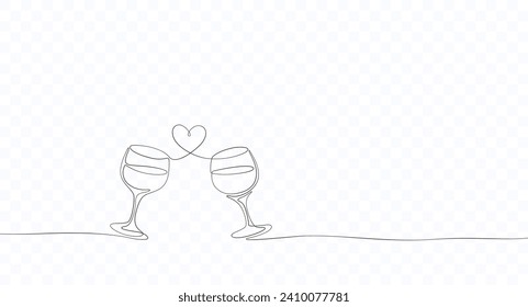 Glasses of wine with heart in continuous line drawing style isolated on transparent background. Vector drink art sketch. Cheers toast contour,  love decoration for romantic Valentine's Day design