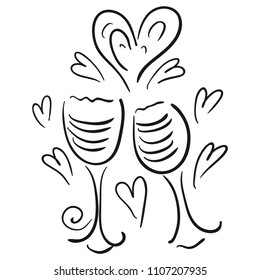 Glasses of wine and heart. Sketch. Vector illustration