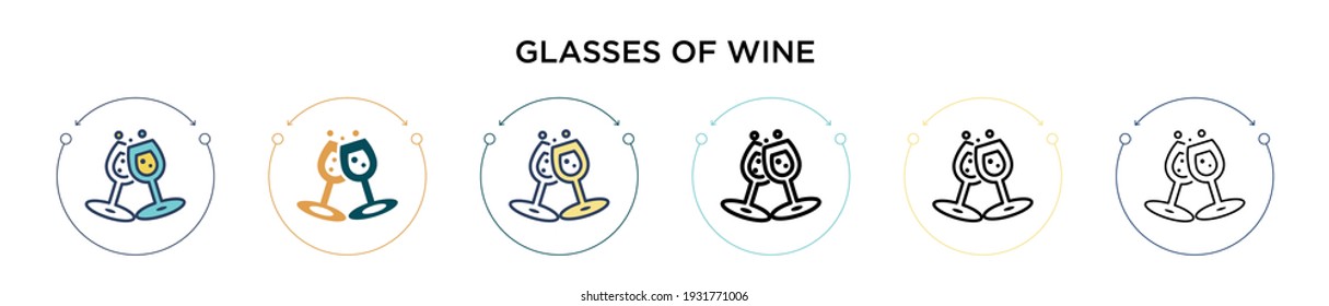 Glasses of wine icon in filled, thin line, outline and stroke style. Vector illustration of two colored and black glasses of wine vector icons designs can be used for mobile, ui, web