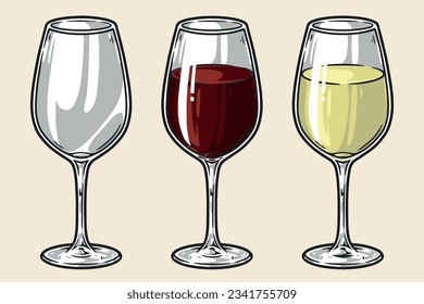 Glasses for wine label colorful with white and red grape drink for restaurant menu design vector illustration