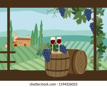 Glasses of wine are on the barrels against the background of vineyards, Italian villas. Vector graphics