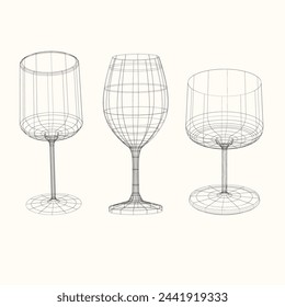 Glasses for wine and other drinks in wireframe style line drawing. Collection of glasses in vintage style. Vector illustration. Drawing of a glass