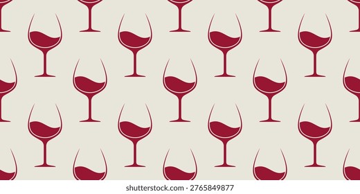 Glasses of wine seamless pattern. Burgundy icons on soft beige background. Best for textile, bar decoration, wallpapers, wrapping paper, package and web design. Print.