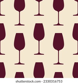 Glasses of wine seamless pattern. Maroon icons on beige background. Best for textile, bar decoration, wallpapers, wrapping paper, package and web design.