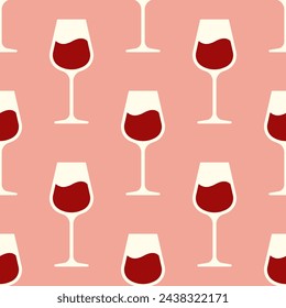 Vasos de vino sin patrón. Iconos blancos y rojos sobre fondo rosa suave. Ideal para textil, decoración de barras, fondos de pantalla, papel de embalaje, paquete y diseño web.