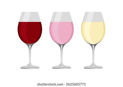 Glasses with wine set: red, pink and white.