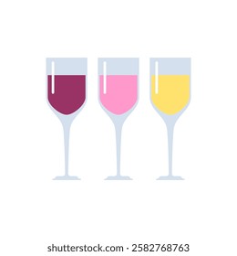 Glasses with wine set. Red wine, white and rose alcoholic beverage