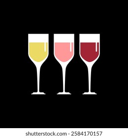 Glasses with wine set. Red wine, white and rose alcoholic beverage
