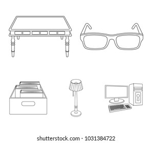 Glasses, a wooden table, a floor lamp, a box with books. A library and a bookstore set collection icons in outline style vector symbol stock illustration web.