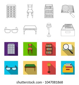 Glasses, a wooden table, a floor lamp, a box with books. A library and a bookstore set collection icons in outline,flet style vector symbol stock illustration web.