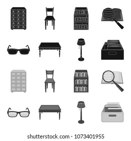 Glasses, a wooden table, a floor lamp, a box with books. A library and a bookstore set collection icons in black,monochrome style vector symbol stock illustration web.