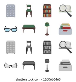 Glasses, a wooden table, a floor lamp, a box with books. A library and a bookstore set collection icons in cartoon,monochrome style vector symbol stock illustration web.