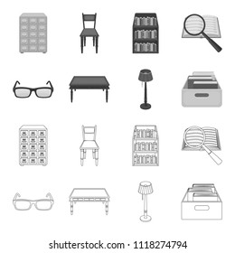 Glasses, a wooden table, a floor lamp, a box with books. A library and a bookstore set collection icons in outline,monochrome style vector symbol stock illustration web.