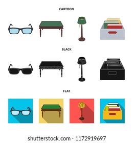 Glasses, a wooden table, a floor lamp, a box with books. A library and a bookstore set collection icons in cartoon,black,flat style vector symbol stock illustration web.