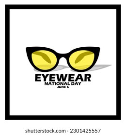 A glasses with yellow lenses and bold text in frame on white background to celebrate National Eyewear Day on June 6