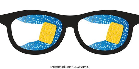 Glasses with yellow sponge, wiper, squeegee window glass cleaning. Wiping off water from rain and crying. Cartoon glasses or sunglasses. Glasses model icon or symbol. Black eyeglasses silhouettes.