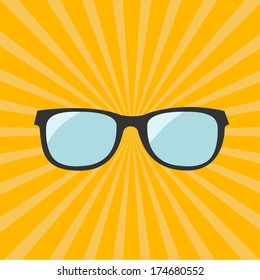 Glasses. Yellow sunburst background. Vector illustration.