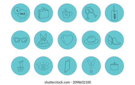 glasses,a woman's dress,a mug with a hot drink,a man's eye,a pendant with a pendant,a cactus in a pot,a candle,a smartphone,an information form, a round background, an icon.Decorative decoration. 