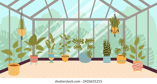 Glasshouse or botanical garden with plants. Vector illustration. svg
