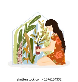 Glasshouse and Woman sitting with flowerpot and many plants in greenhouse. Loving gardening lady happy with flowers. Vector flat artistic illustration.