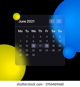 Glassmorhism Calendar Template. UI, UX, GUI layout for mobile and web application. Glassmorphism concept design. Vector illustration