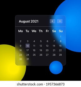 Glassmorhism Calendar Template. UI, UX, GUI layout for mobile and web application. Glassmorphism concept design. Vector illustration