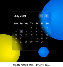 Glassmorhism Calendar Template. UI, UX, GUI layout for mobile and web application. Glassmorphism concept design. Vector illustration