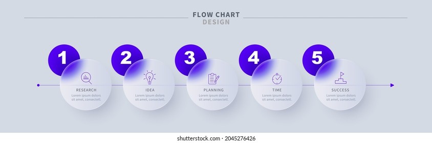 Glassmorphic business 5-step flowchart or timeline diagram. Five round glass labels with numbers and icons design.