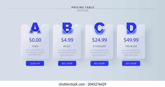 Glassmorphic Business Pricing Table Template With Four Plans And Buttons. Minimal Ui Web Page Design.