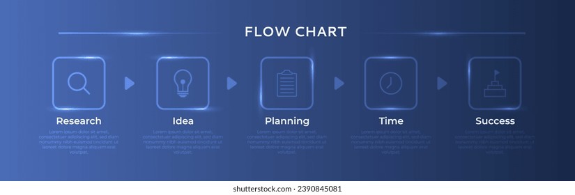 Glassmorphes Fünf-Optionen-Diagramm mit Rundetiketten und Icon. Visualisierung von Geschäftsdaten. Wird für Schemapräsentation oder Workflow verwendet. Vektorgrafik