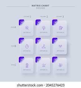 Glassmorphic matrix chart with 9 fields and numbers. Modern minimal infographic design template.