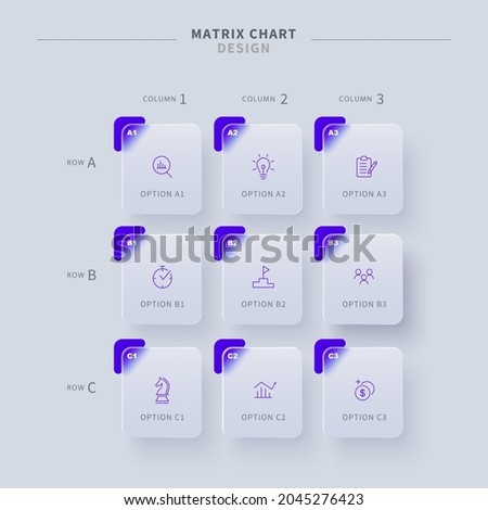 Glassmorphic matrix chart with 9 fields and numbers. Modern minimal infographic design template.