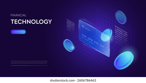 Glassmorphism 3D Isometric Credit Card with Coins Icons Elements Purple Background. Plastic Glossy Glass Rectangle of Transparent with Blur Effect. Futuristic Morphism Financial Digital Banking.
