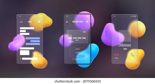 Glassmorphism 3d phone mockup with blurred abstract background. Smartphone transparent glass screen with chat, call and payment vector set. Cellphone messenger template with morphism effect